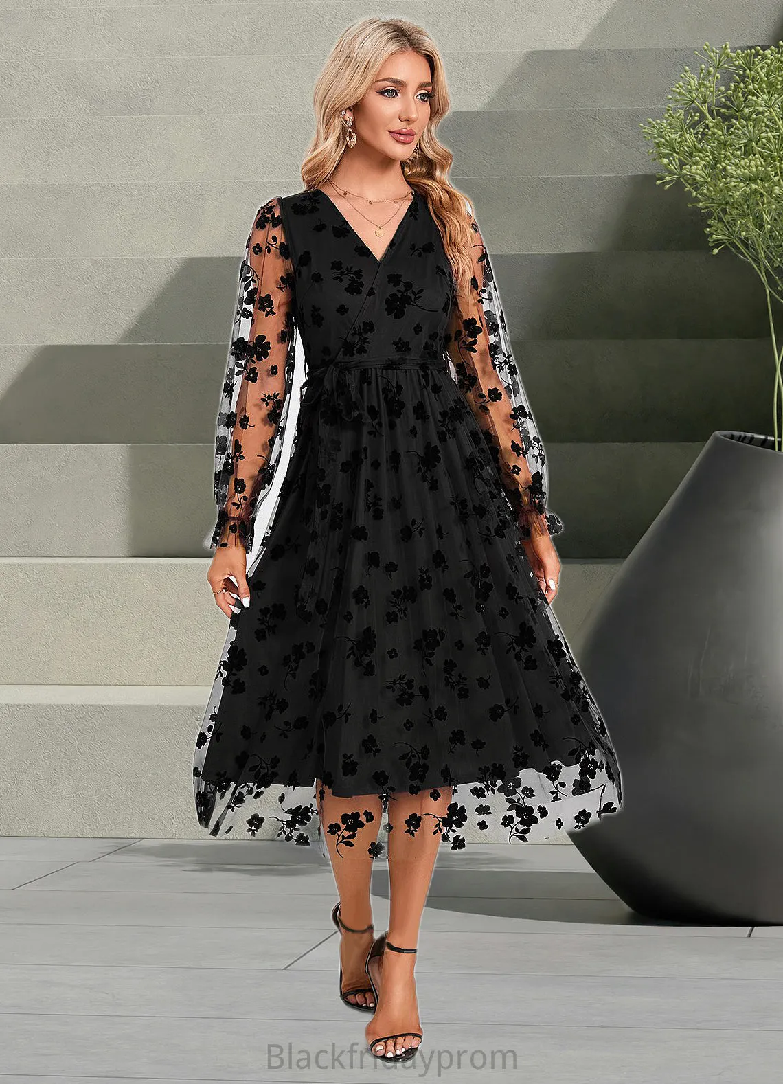 Karma Jacquard V-Neck Elegant A-line Tulle Midi Dresses BF2P0022286