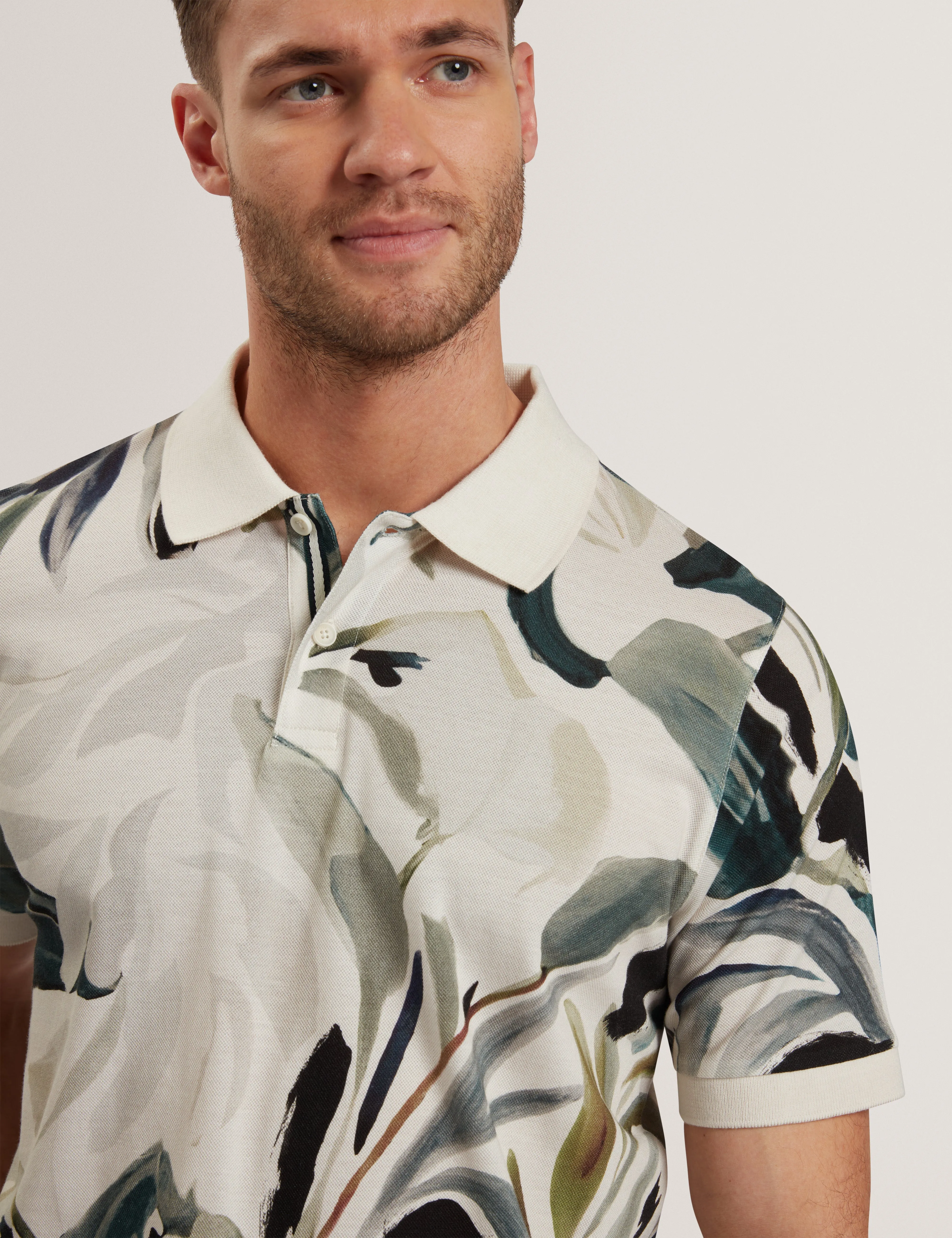 Kivem Short Sleeve Cotton Floral Print Polo Ecru