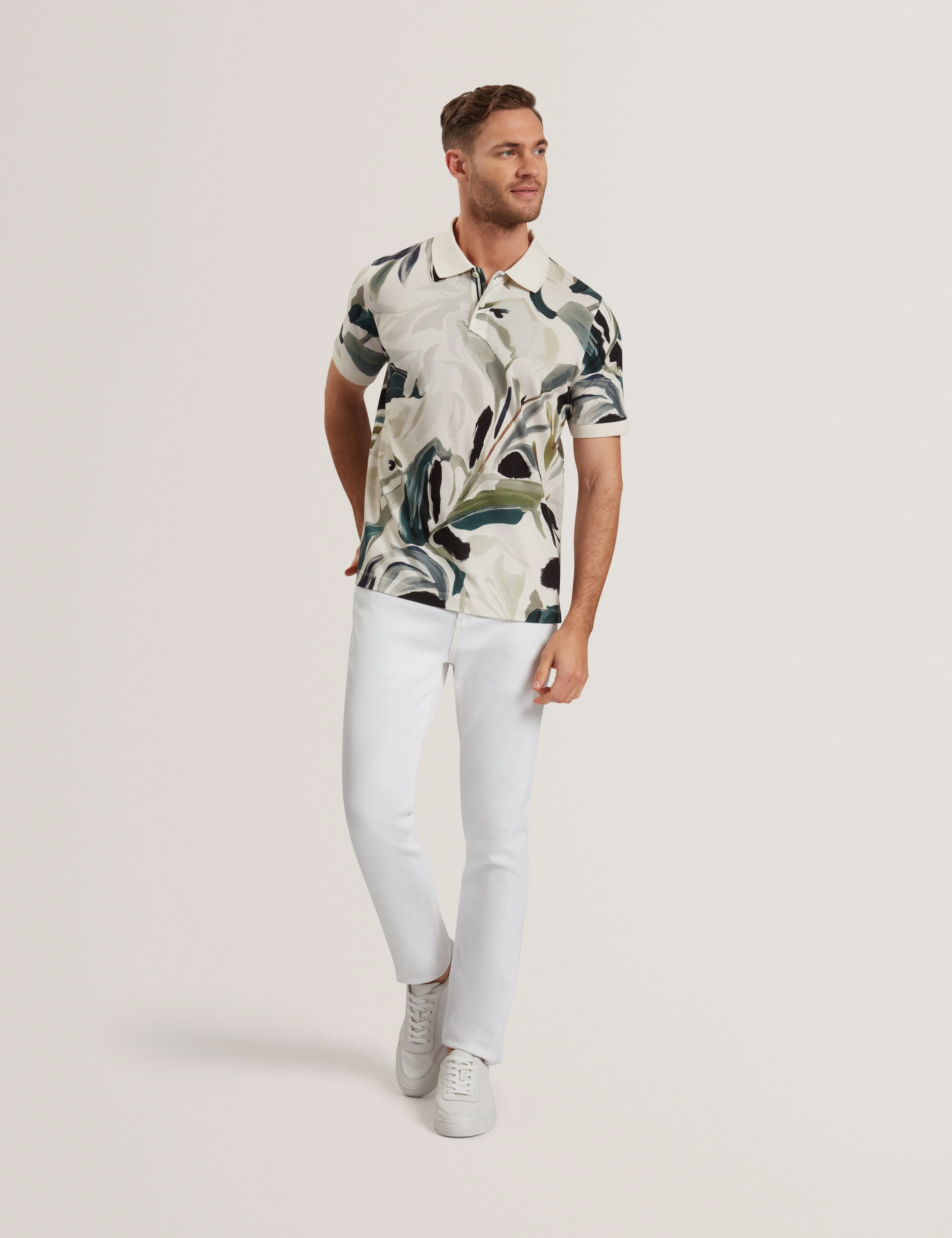Kivem Short Sleeve Cotton Floral Print Polo Ecru