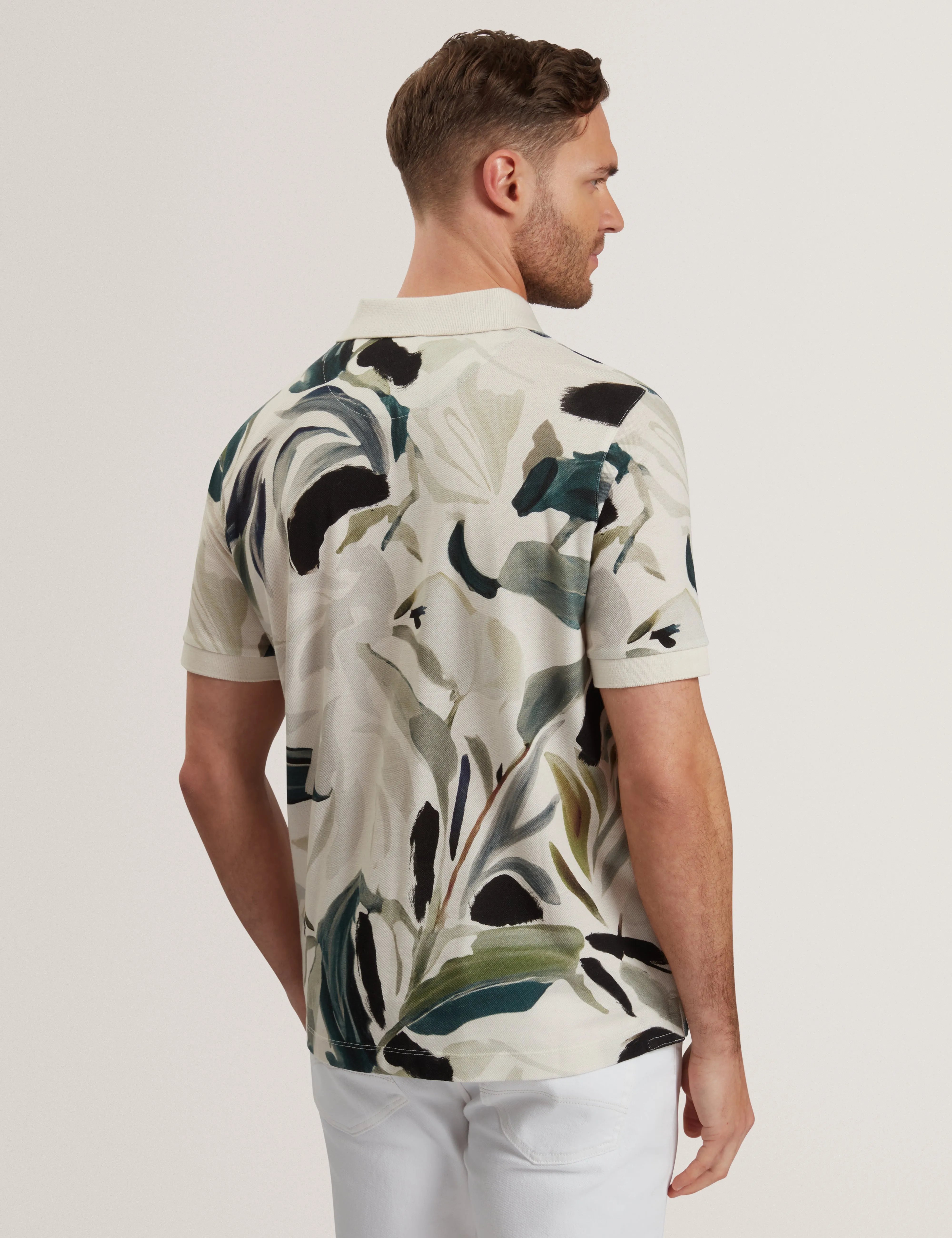 Kivem Short Sleeve Cotton Floral Print Polo Ecru