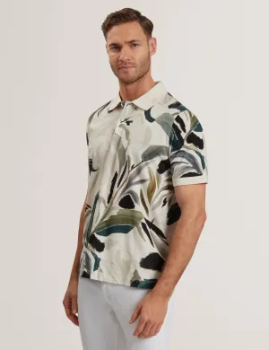 Kivem Short Sleeve Cotton Floral Print Polo Ecru