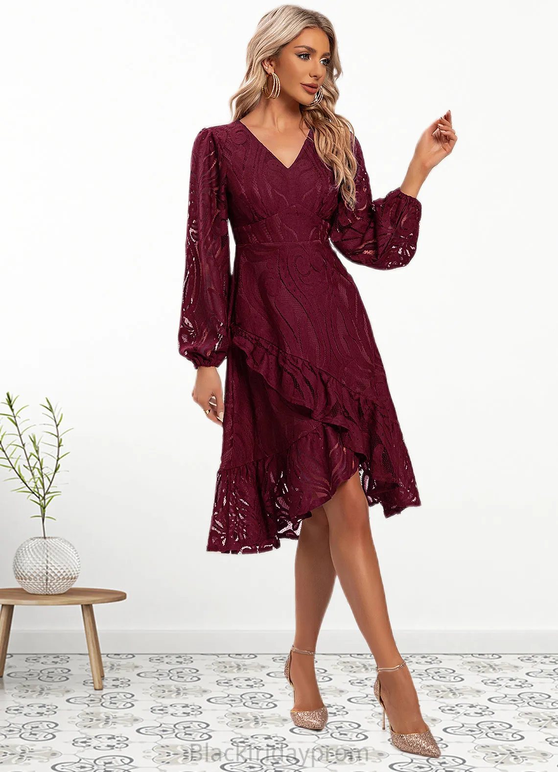 Kristin Jacquard V-Neck Elegant A-line Lace Midi Dresses BF2P0022269