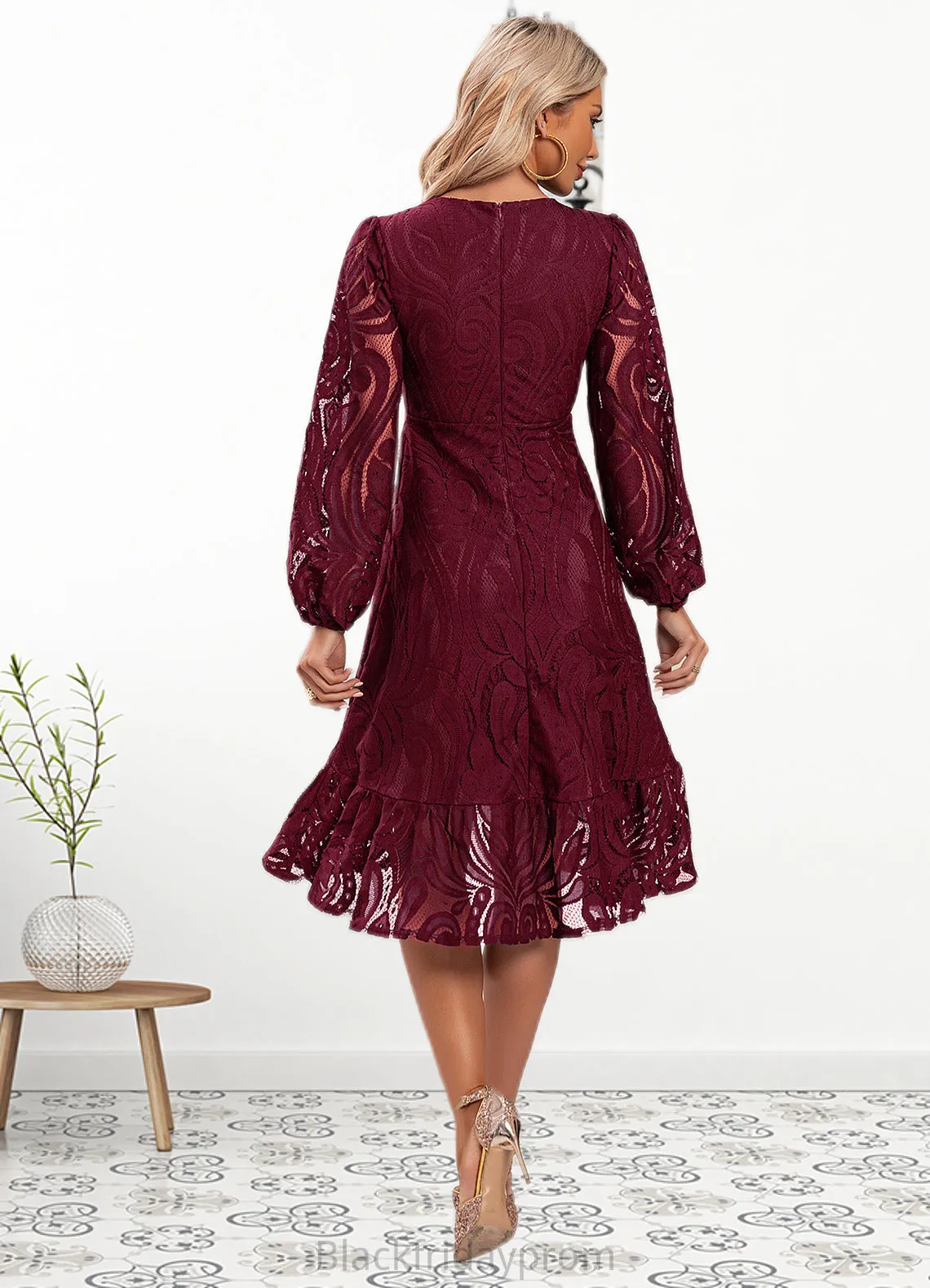 Kristin Jacquard V-Neck Elegant A-line Lace Midi Dresses BF2P0022269