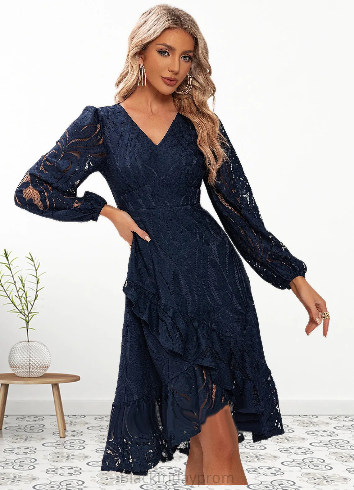 Kristin Jacquard V-Neck Elegant A-line Lace Midi Dresses BF2P0022269