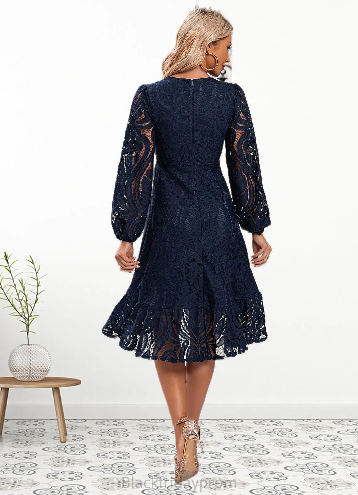 Kristin Jacquard V-Neck Elegant A-line Lace Midi Dresses BF2P0022269