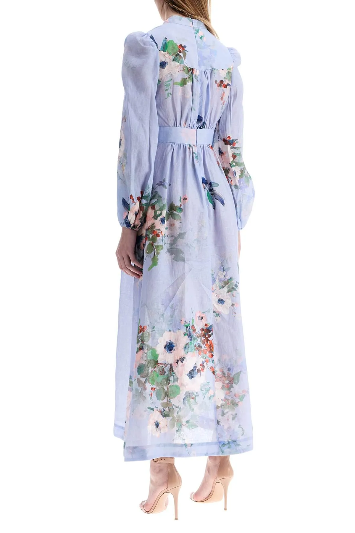 LIGHT BLUE WATERCOLOR FLORAL MIDI DRESS WITH DEEP V NECKLINE