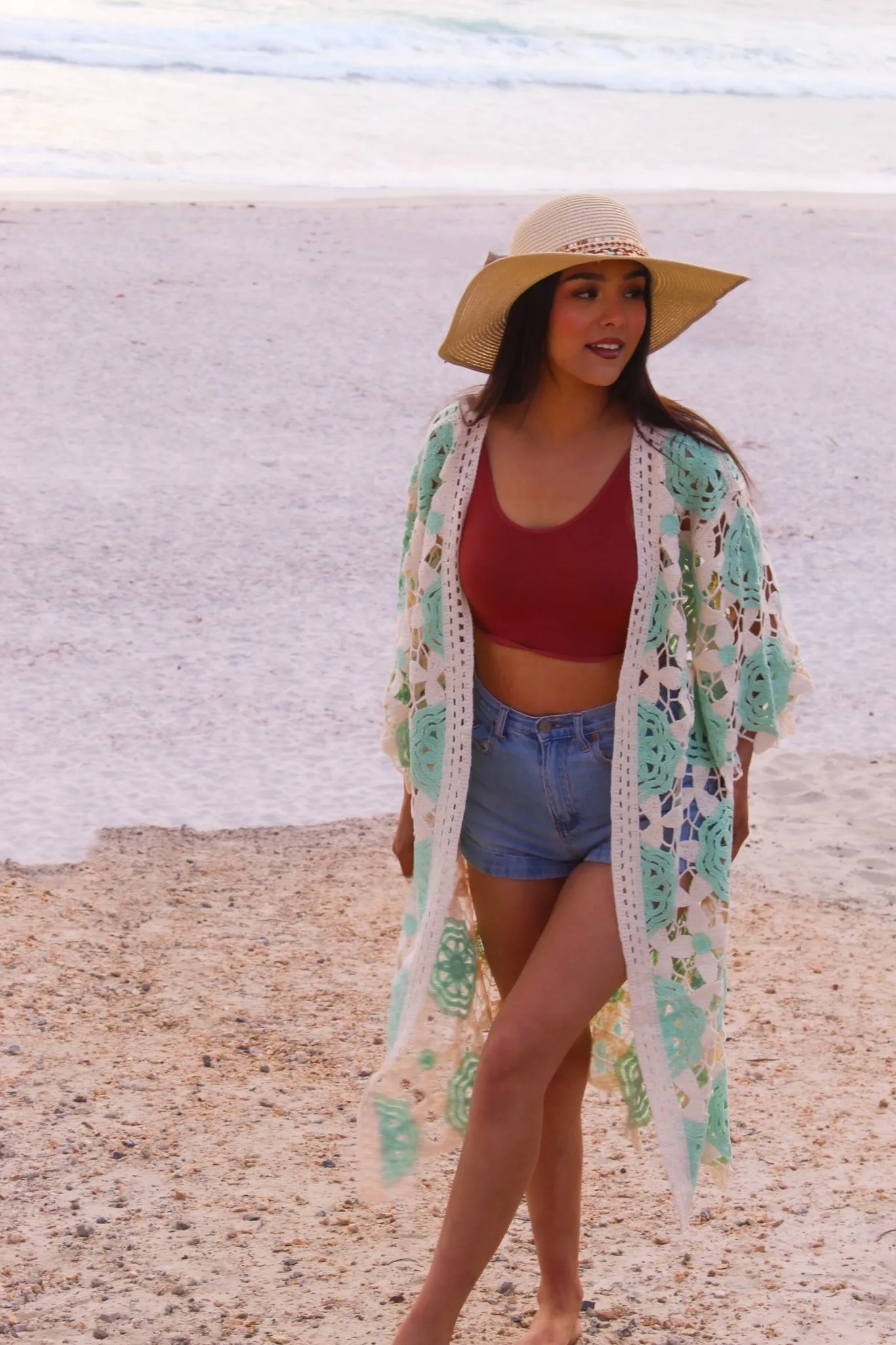 Living Life Crochet Knit Cardigan - Mint/Ivory