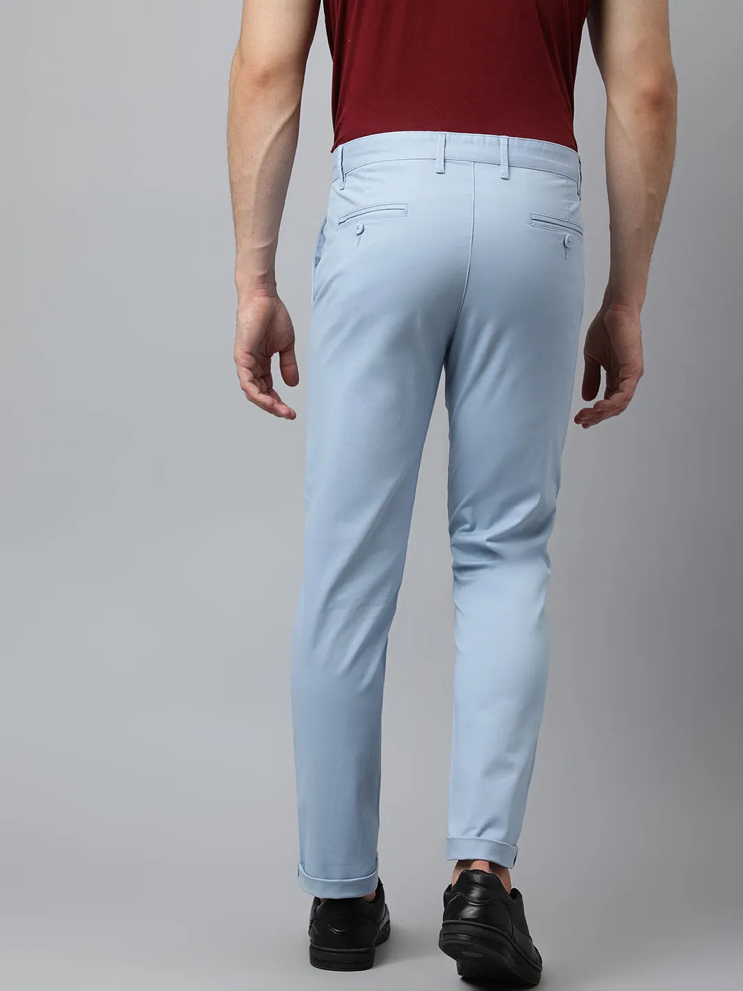 Men Light Blue  Slim Fit Mid Rise Solid Casual Trouser