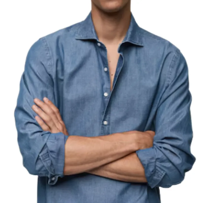 Men's Casual Denim Blue Lapel Long Sleeve POLO Shirt 00789014F