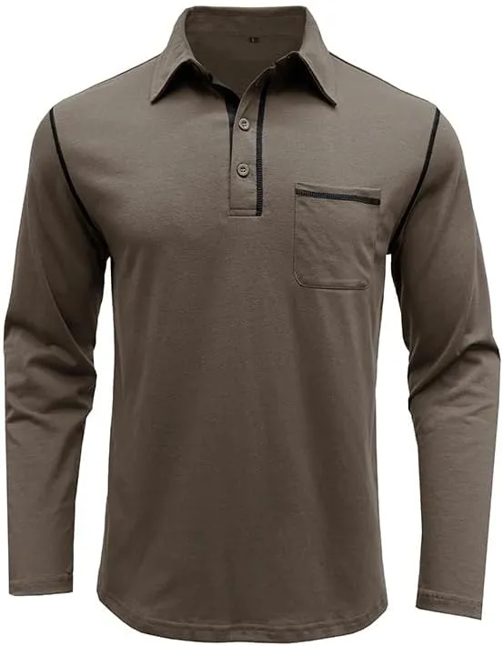 Men's Casual Polo Shirts Classic Long Sleeve Basic Button T-Shirt Lightweight Cotton Golf Tops with Pocket