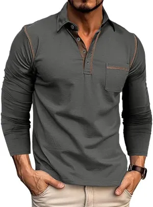 Men's Casual Polo Shirts Classic Long Sleeve Basic Button T-Shirt Lightweight Cotton Golf Tops with Pocket