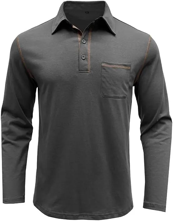 Men's Casual Polo Shirts Classic Long Sleeve Basic Button T-Shirt Lightweight Cotton Golf Tops with Pocket