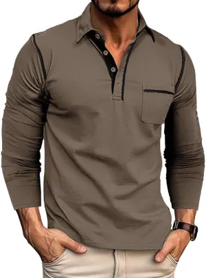Men's Casual Polo Shirts Classic Long Sleeve Basic Button T-Shirt Lightweight Cotton Golf Tops with Pocket