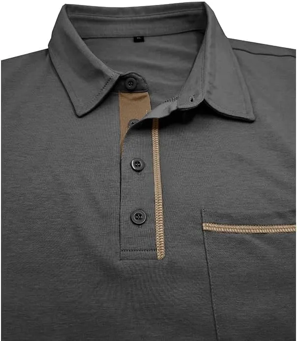 Men's Casual Polo Shirts Classic Long Sleeve Basic Button T-Shirt Lightweight Cotton Golf Tops with Pocket