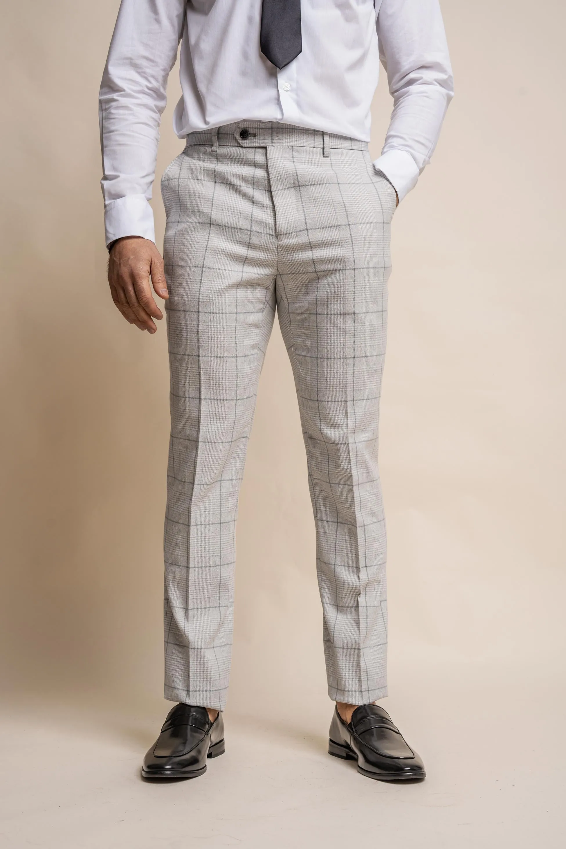 Men's Retro Check Grey Trousers - RADIKA - Light Grey