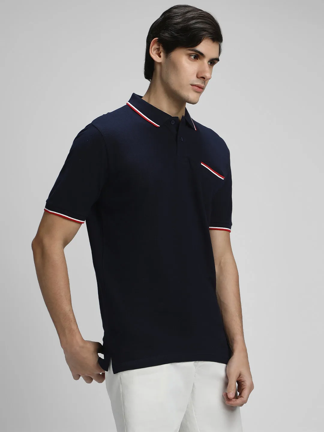 Men's Spread Collar Regular Fit Solid Navy T-shirt