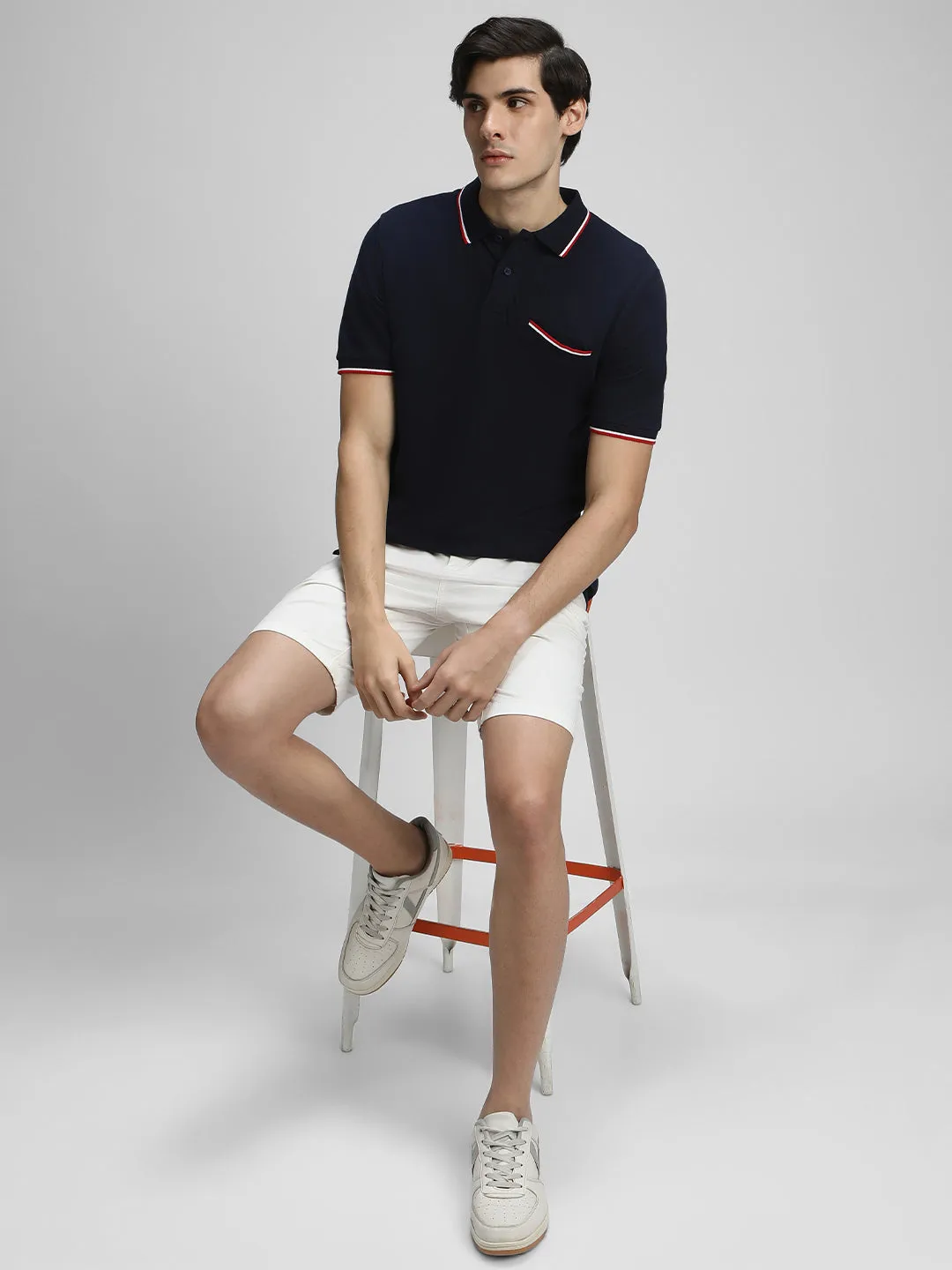 Men's Spread Collar Regular Fit Solid Navy T-shirt