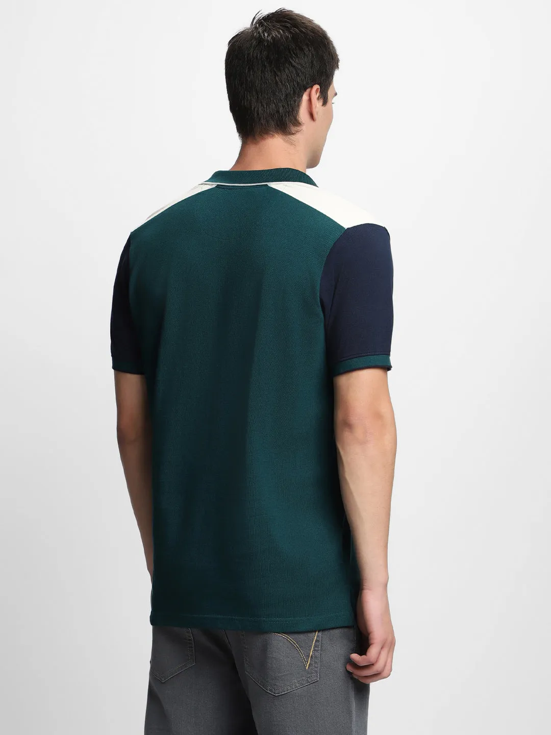 Men's Spread Collar Slim Fit Colorblock Navy T-shirt