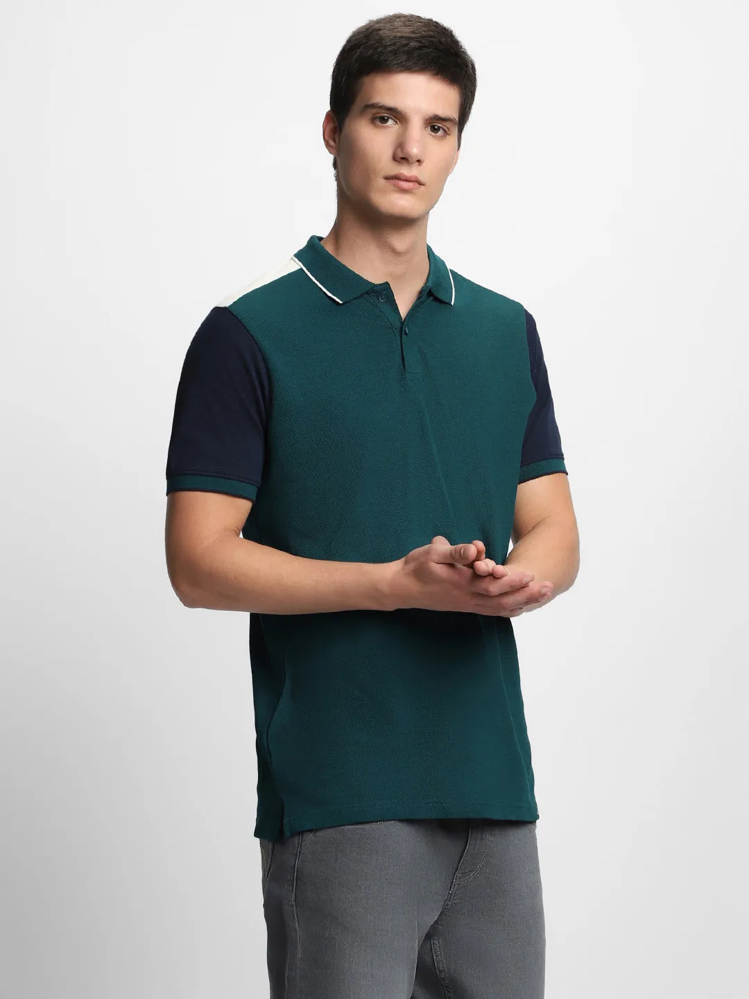 Men's Spread Collar Slim Fit Colorblock Navy T-shirt