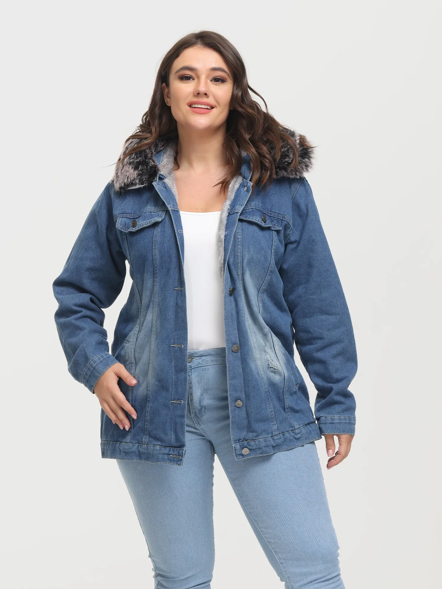 Midsize Button Plush Hooded Denim Jacket
