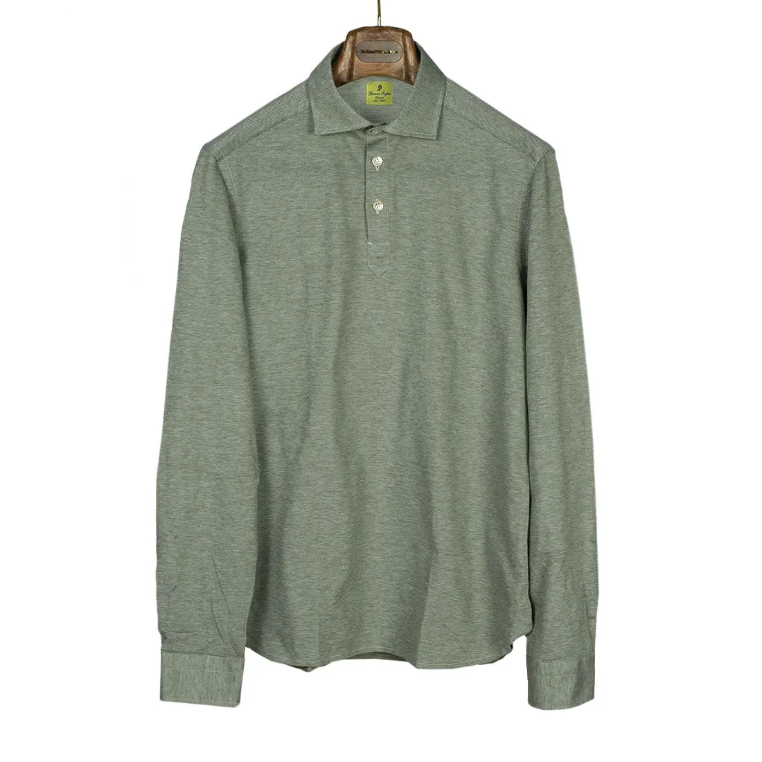 Mixed olive cotton pique long sleeve polo shirt, soft collar