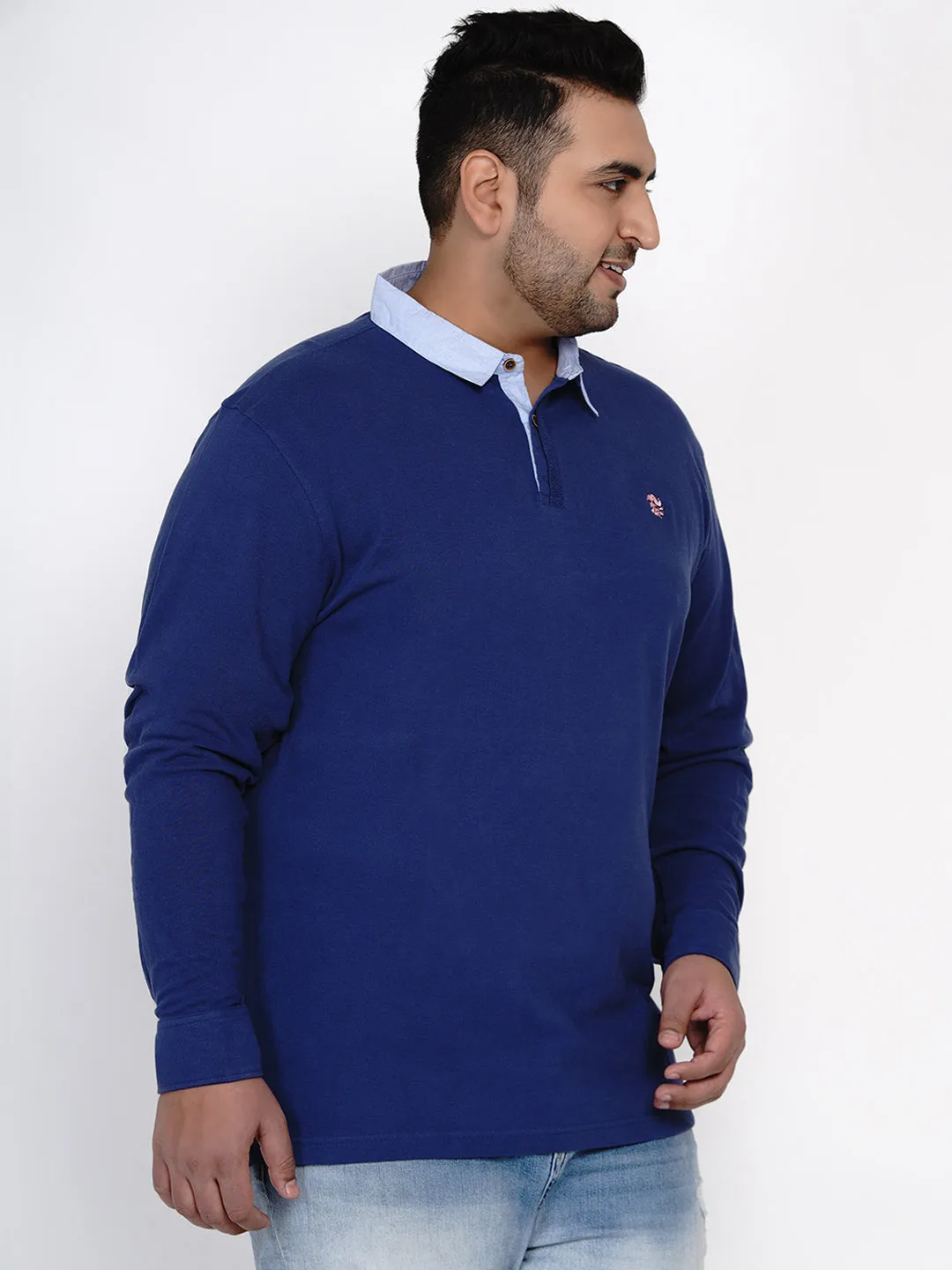 Olefant - Plus Size Full Sleeve Blue Polo Neck Casual T-Shirt