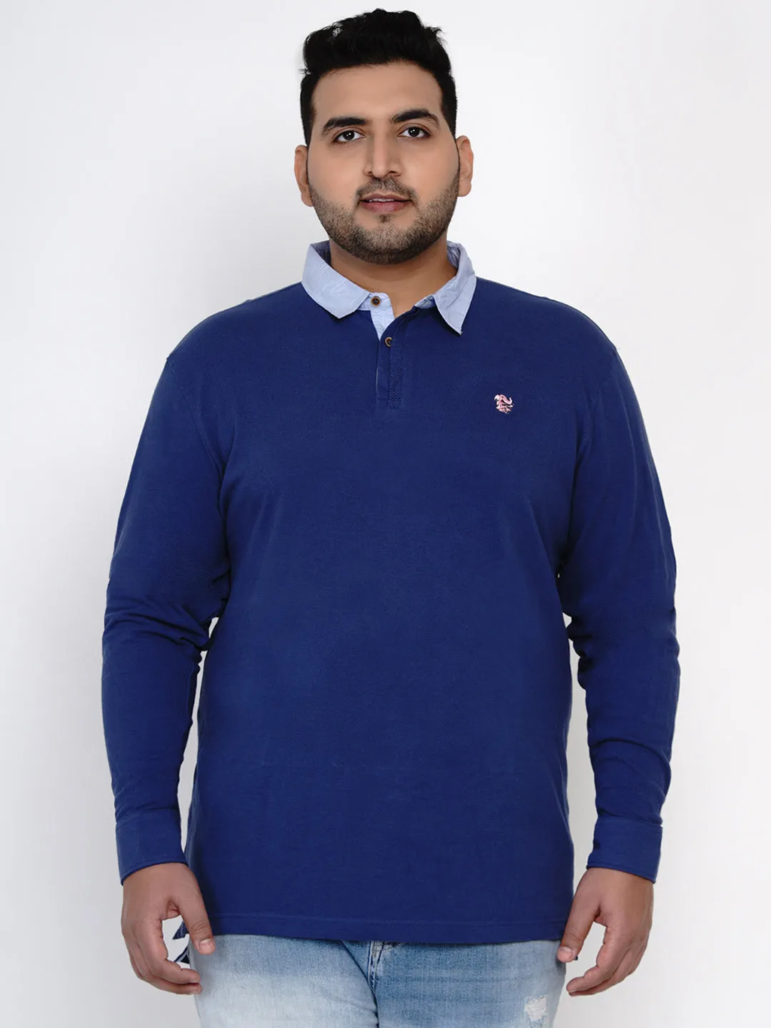 Olefant - Plus Size Full Sleeve Blue Polo Neck Casual T-Shirt