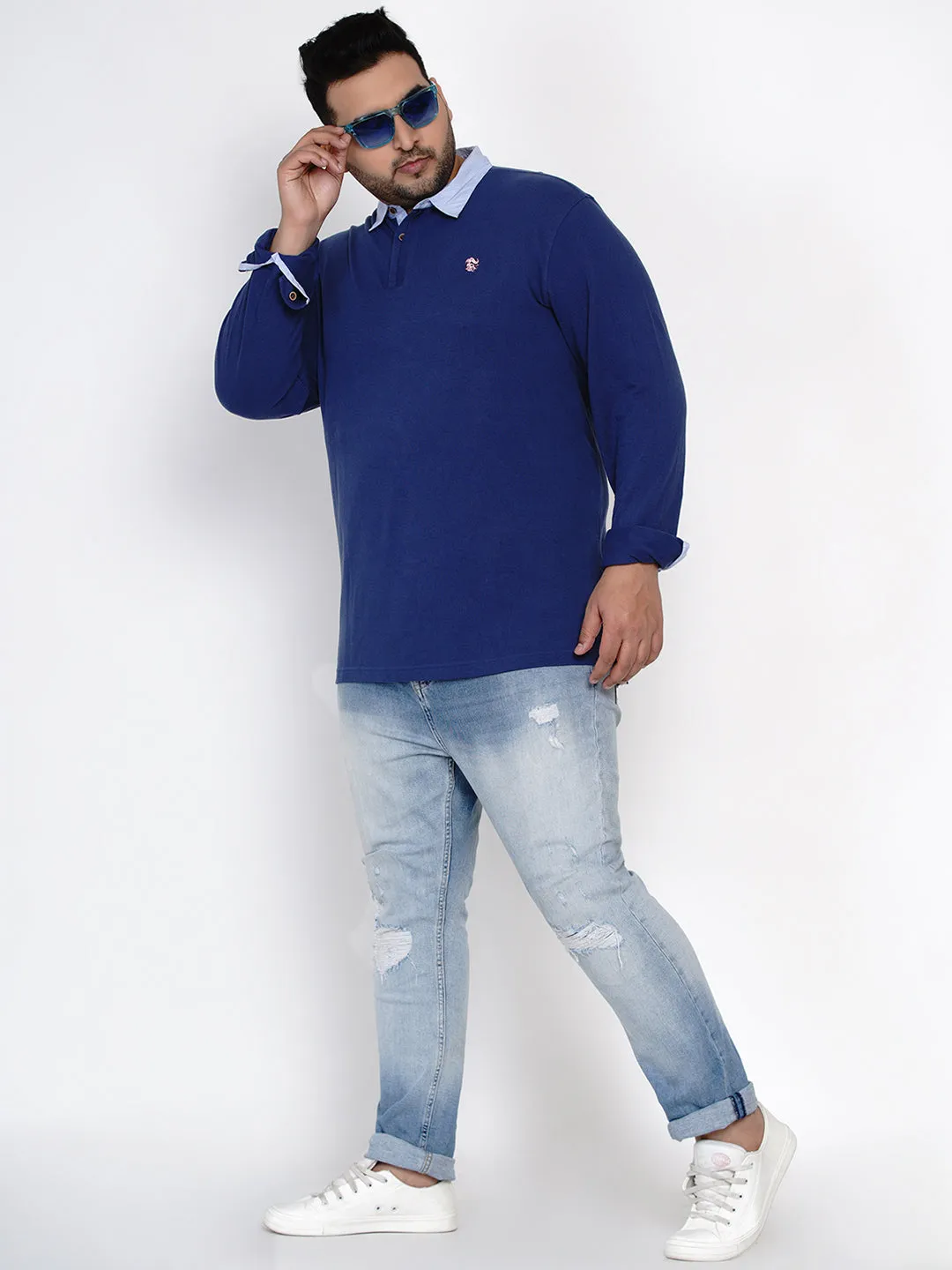 Olefant - Plus Size Full Sleeve Blue Polo Neck Casual T-Shirt