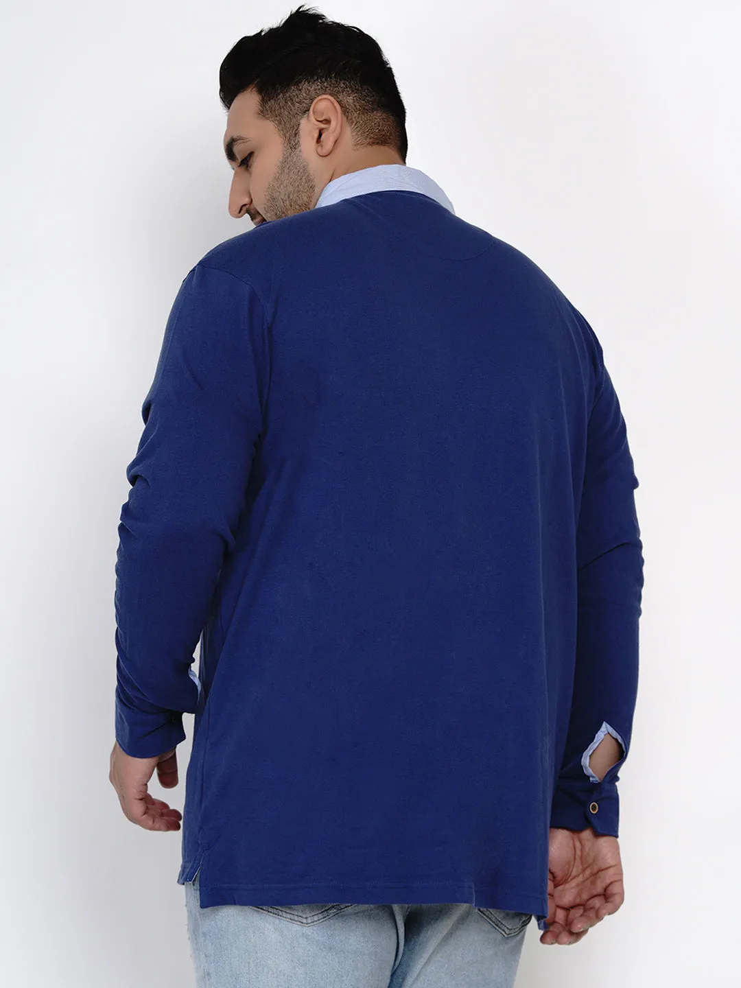 Olefant - Plus Size Full Sleeve Blue Polo Neck Casual T-Shirt