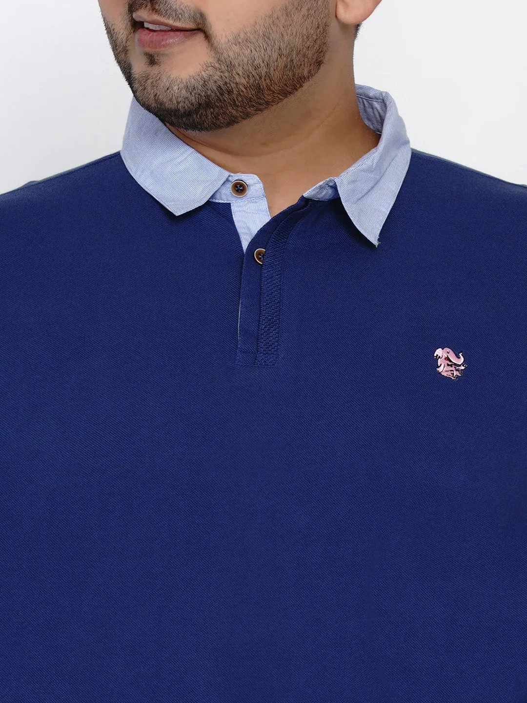 Olefant - Plus Size Full Sleeve Blue Polo Neck Casual T-Shirt