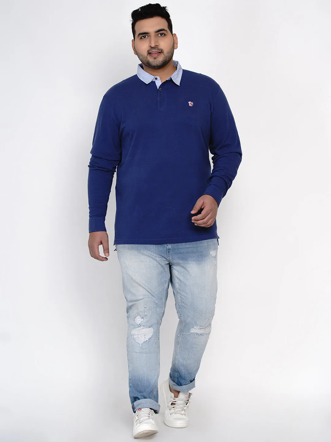 Olefant - Plus Size Full Sleeve Blue Polo Neck Casual T-Shirt