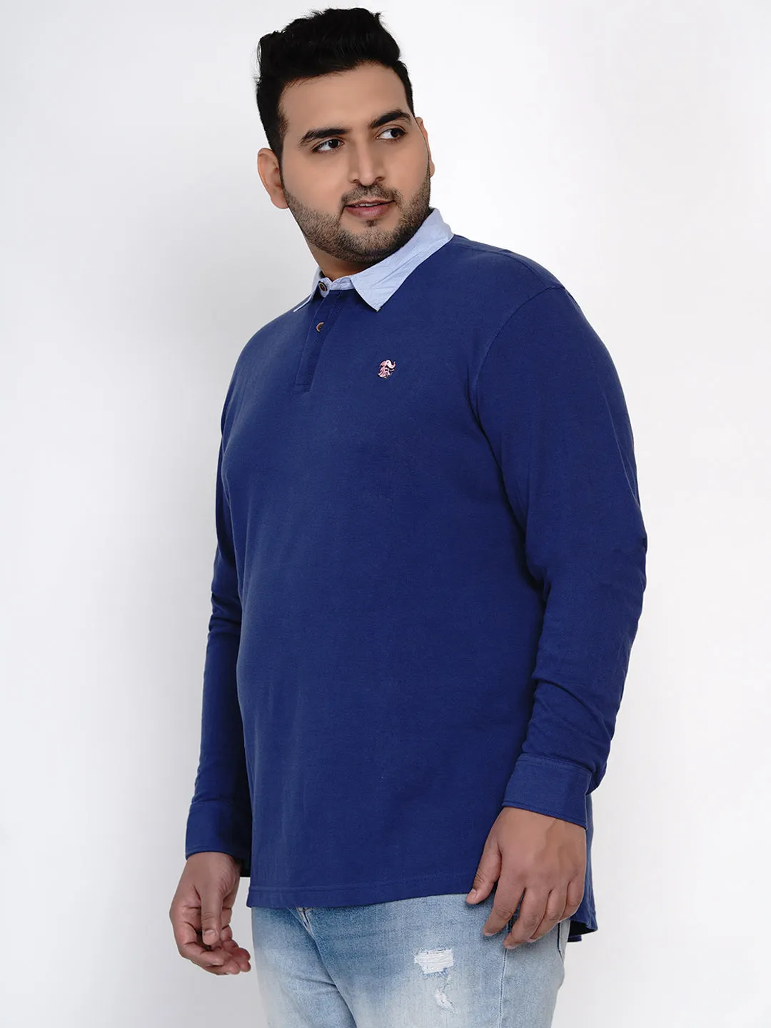 Olefant - Plus Size Full Sleeve Blue Polo Neck Casual T-Shirt