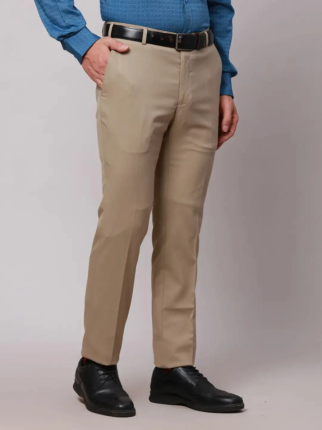 Raymond Men Khaki Slim Fit Solid Polyester Trousers