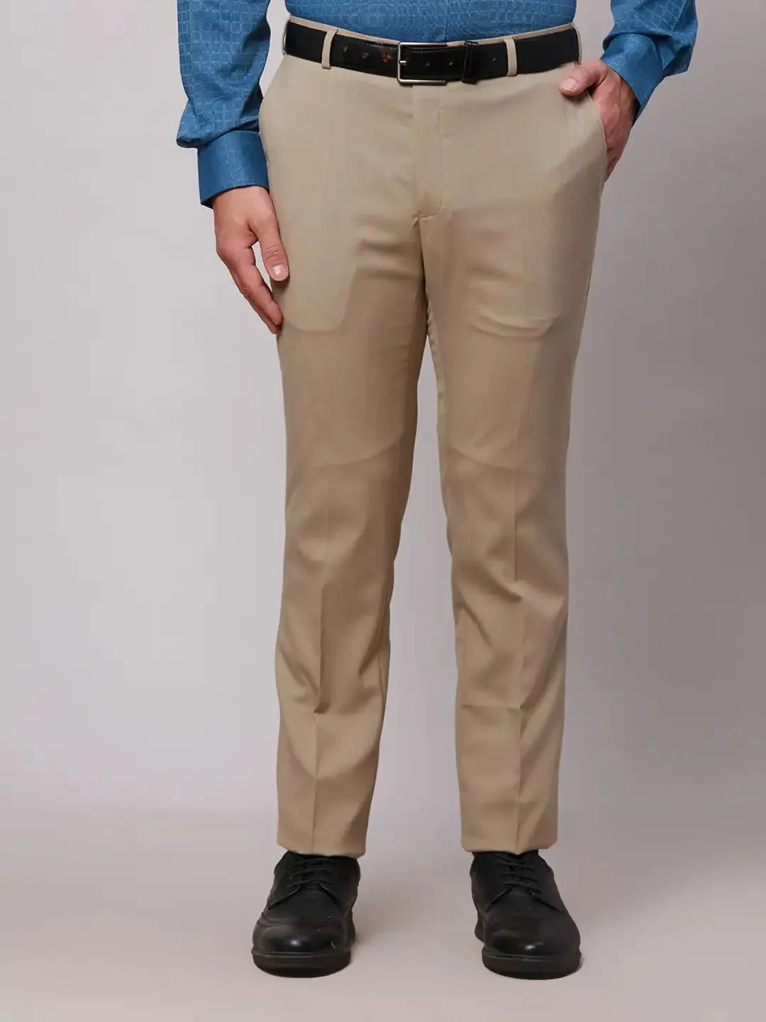 Raymond Men Khaki Slim Fit Solid Polyester Trousers