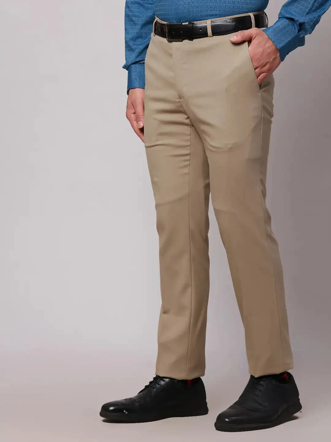 Raymond Men Khaki Slim Fit Solid Polyester Trousers