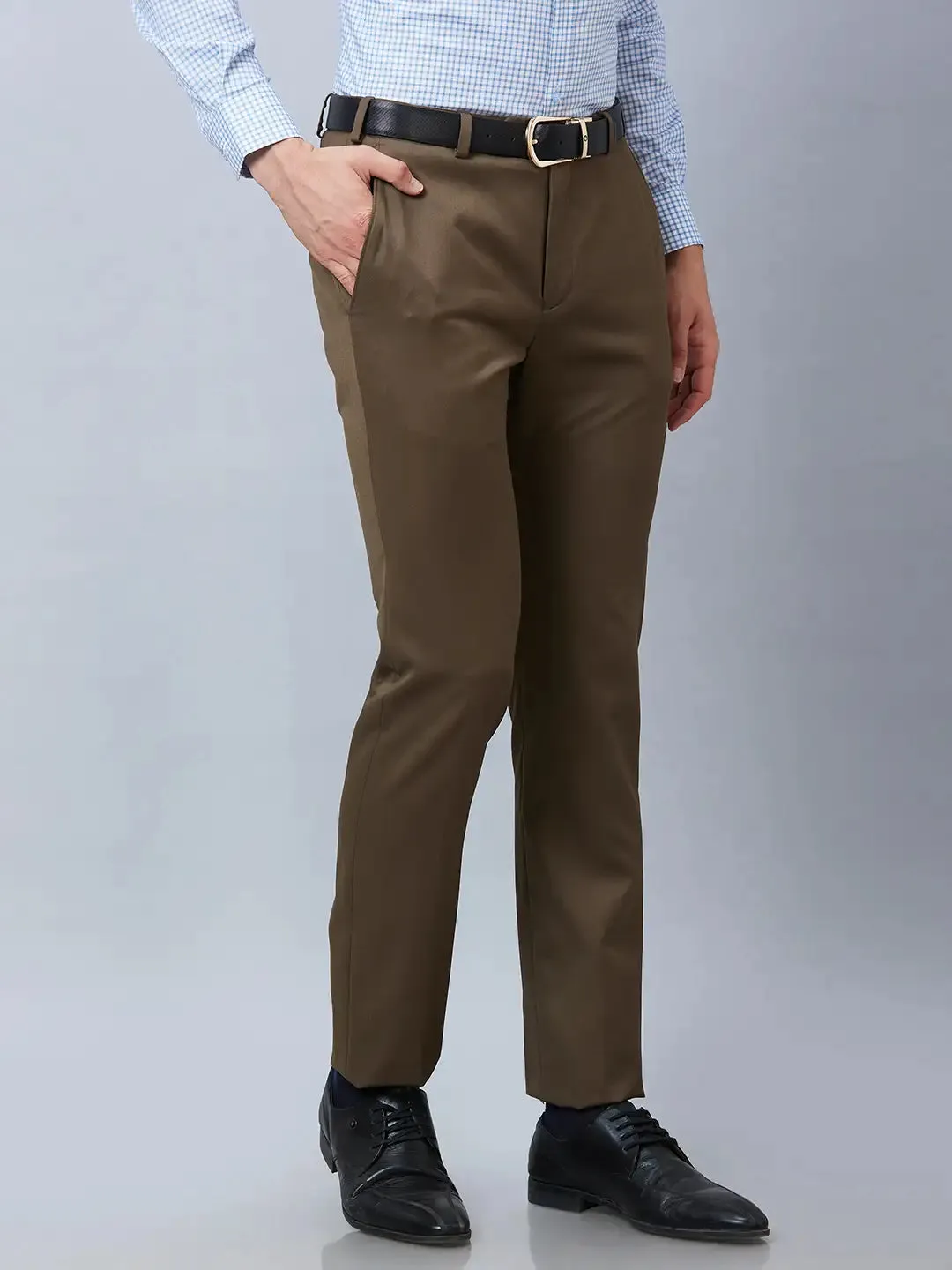 Raymond Men Khaki Solid Slim Fit Polyester Blend Trousers