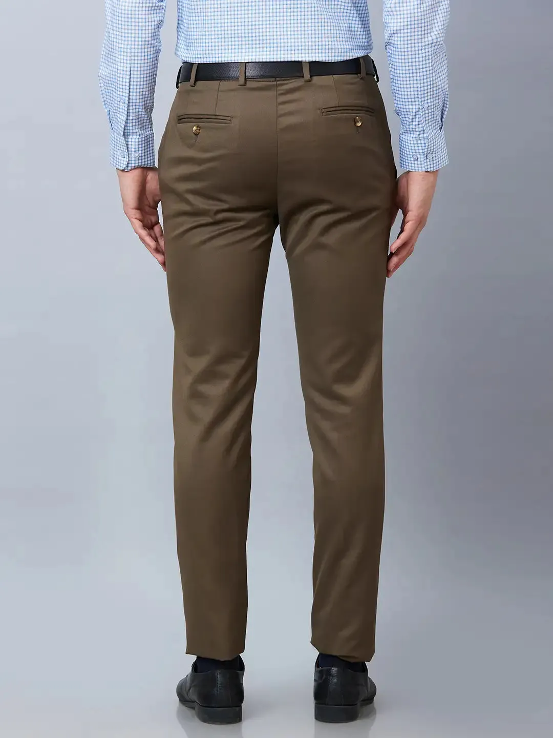 Raymond Men Khaki Solid Slim Fit Polyester Blend Trousers
