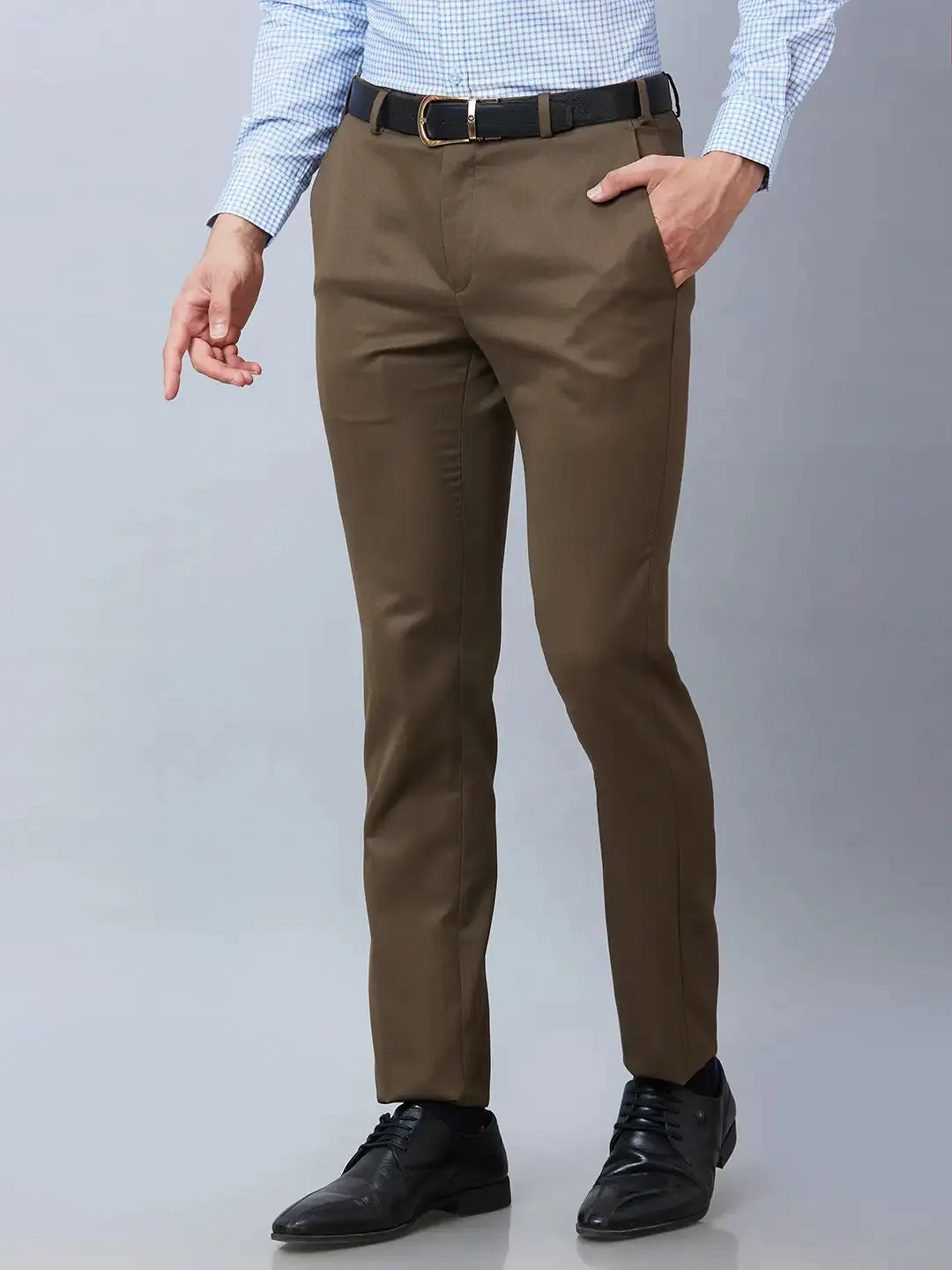 Raymond Men Khaki Solid Slim Fit Polyester Blend Trousers