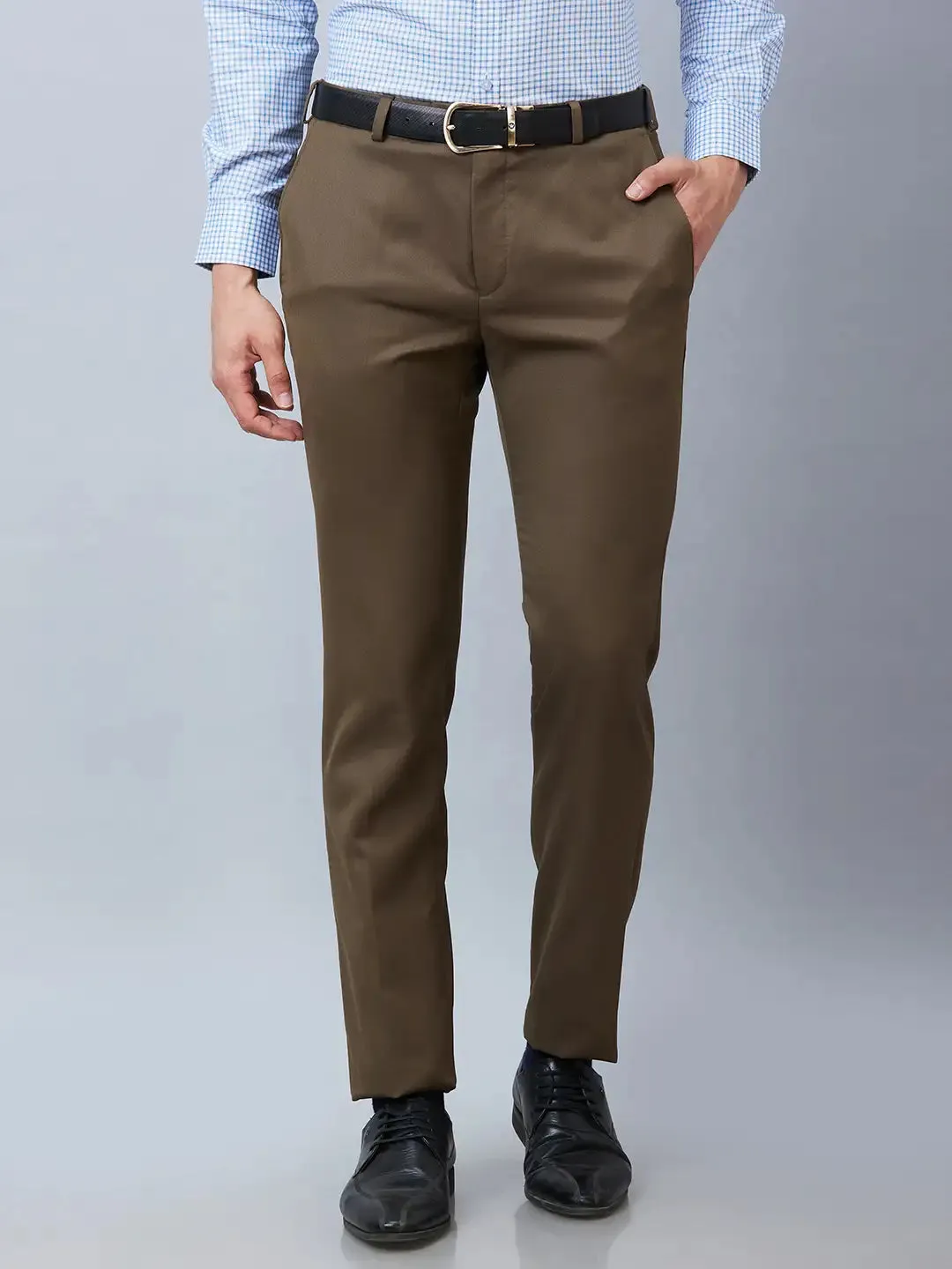 Raymond Men Khaki Solid Slim Fit Polyester Blend Trousers