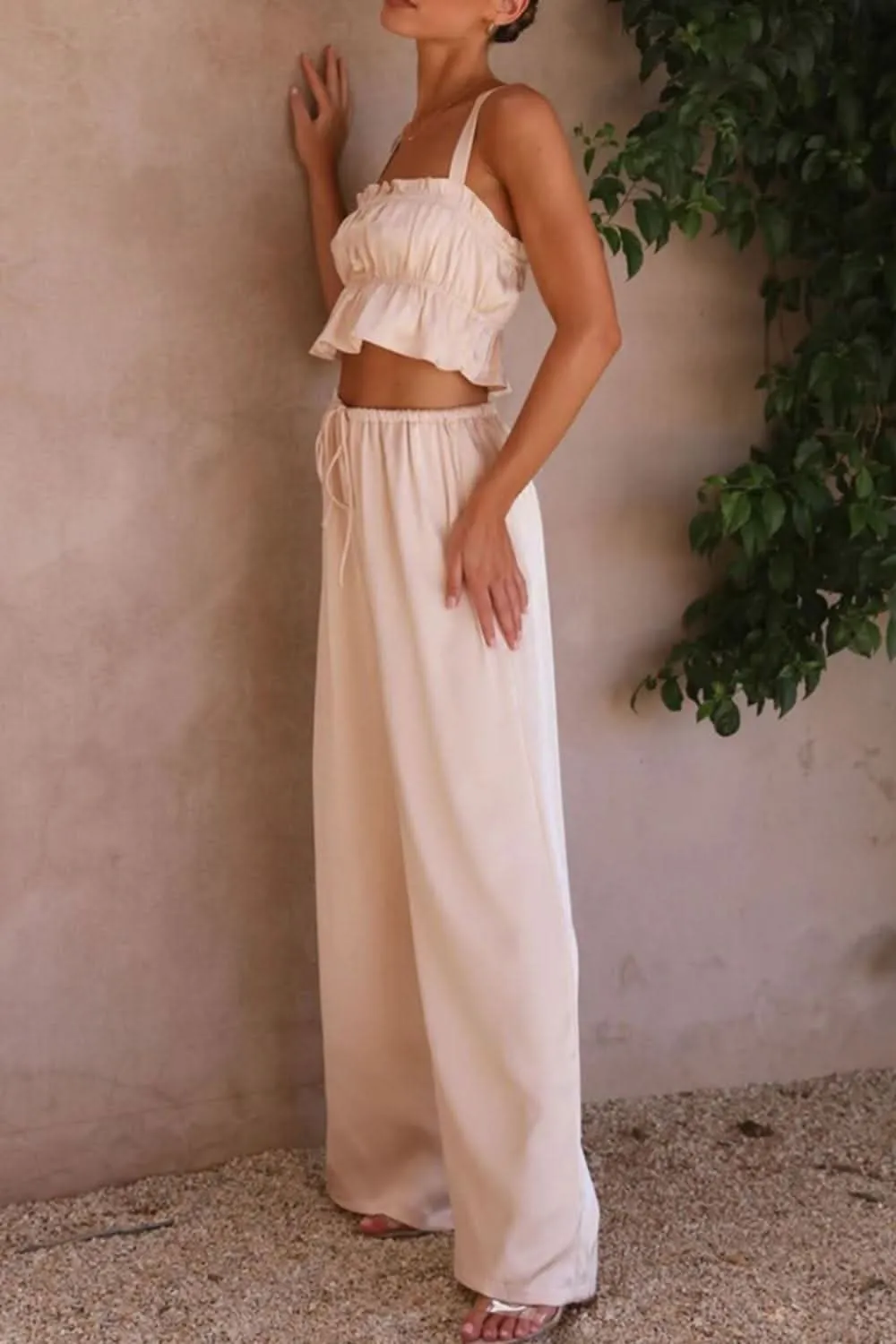 Ruffled Sleeveless Top and Wide Leg Pants Set - By Lustmia