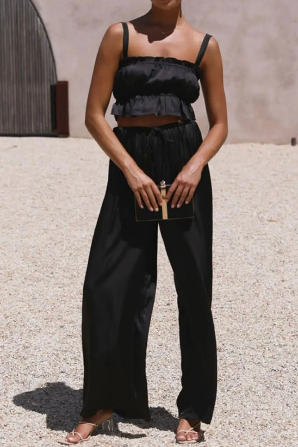 Ruffled Sleeveless Top and Wide Leg Pants Set - By Lustmia