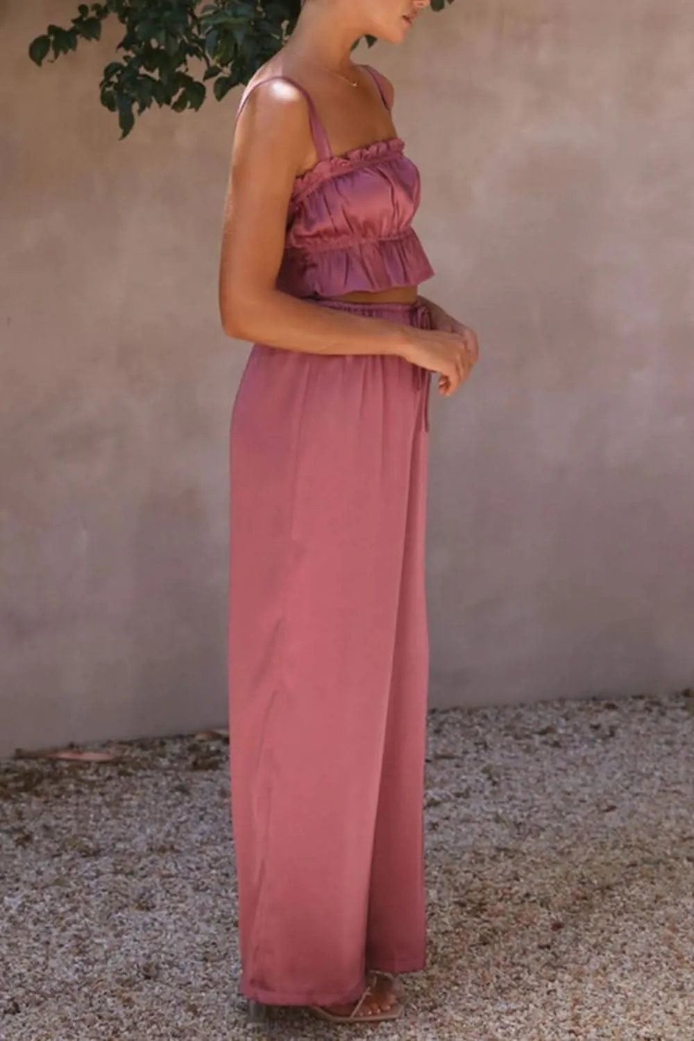 Ruffled Sleeveless Top and Wide Leg Pants Set - By Lustmia