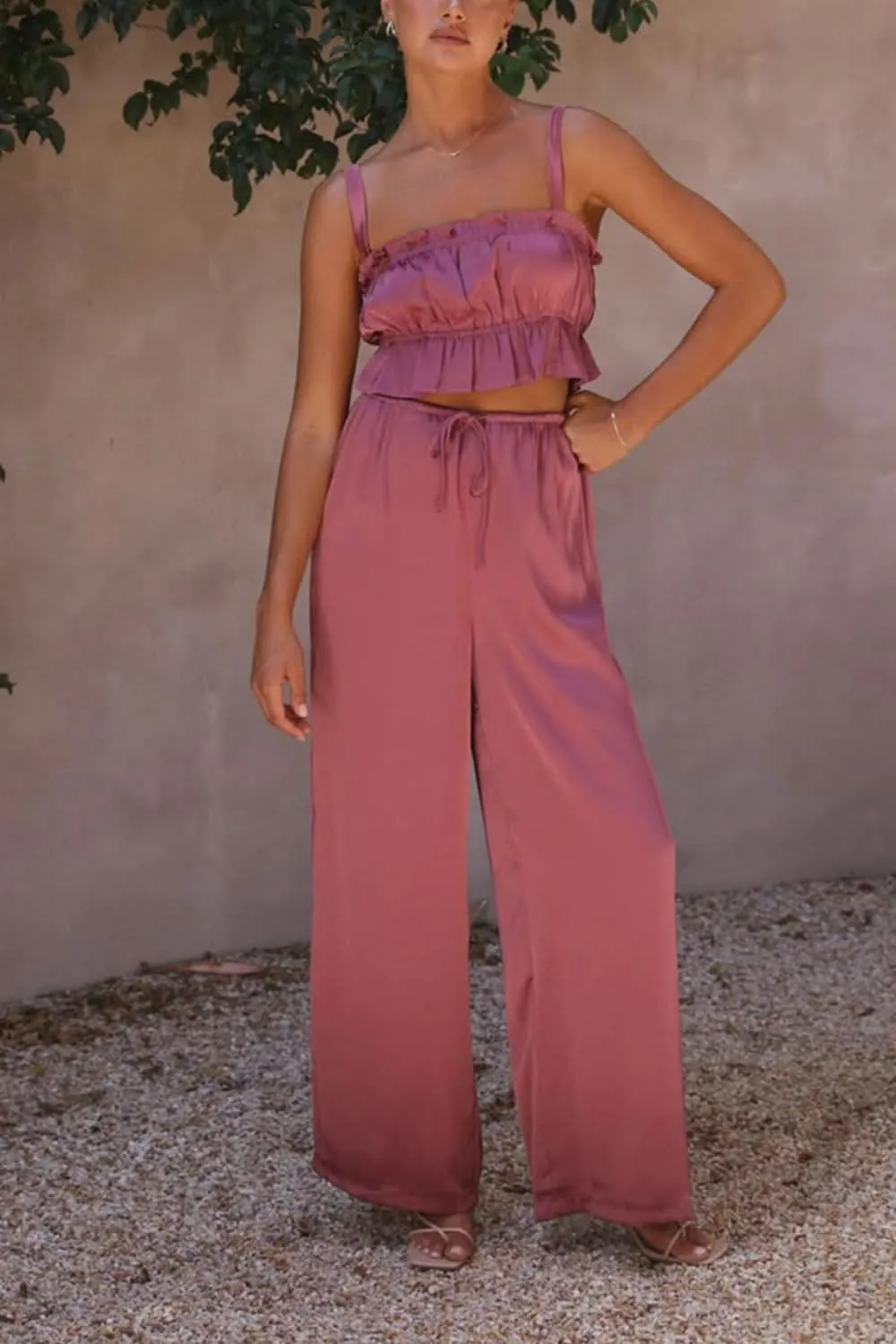 Ruffled Sleeveless Top and Wide Leg Pants Set - By Lustmia