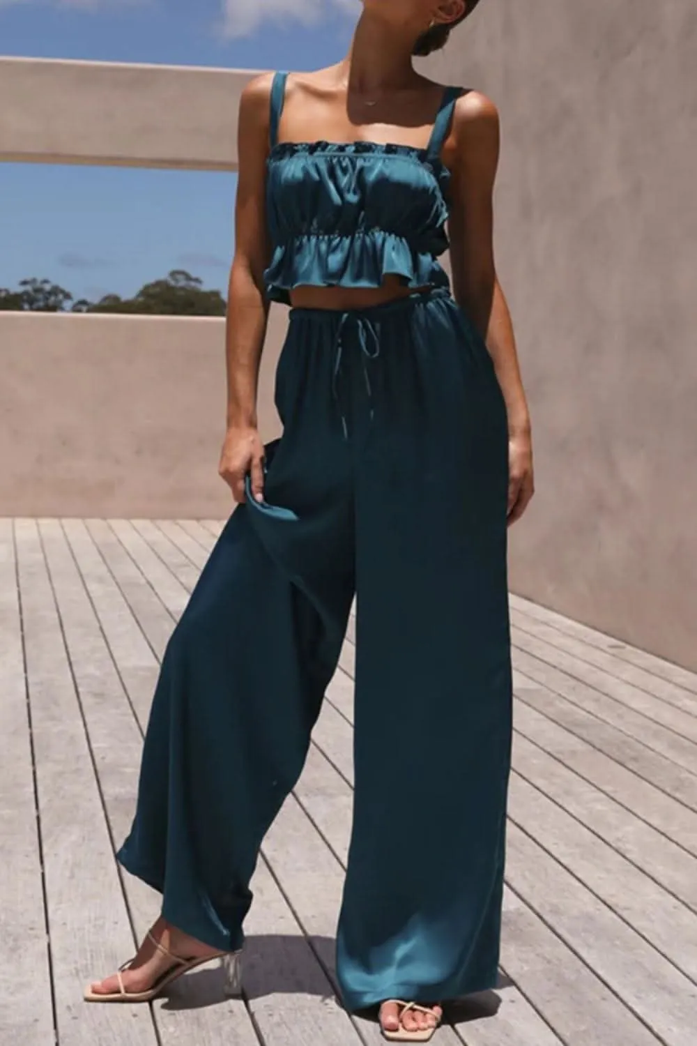 Ruffled Sleeveless Top and Wide Leg Pants Set - By Lustmia
