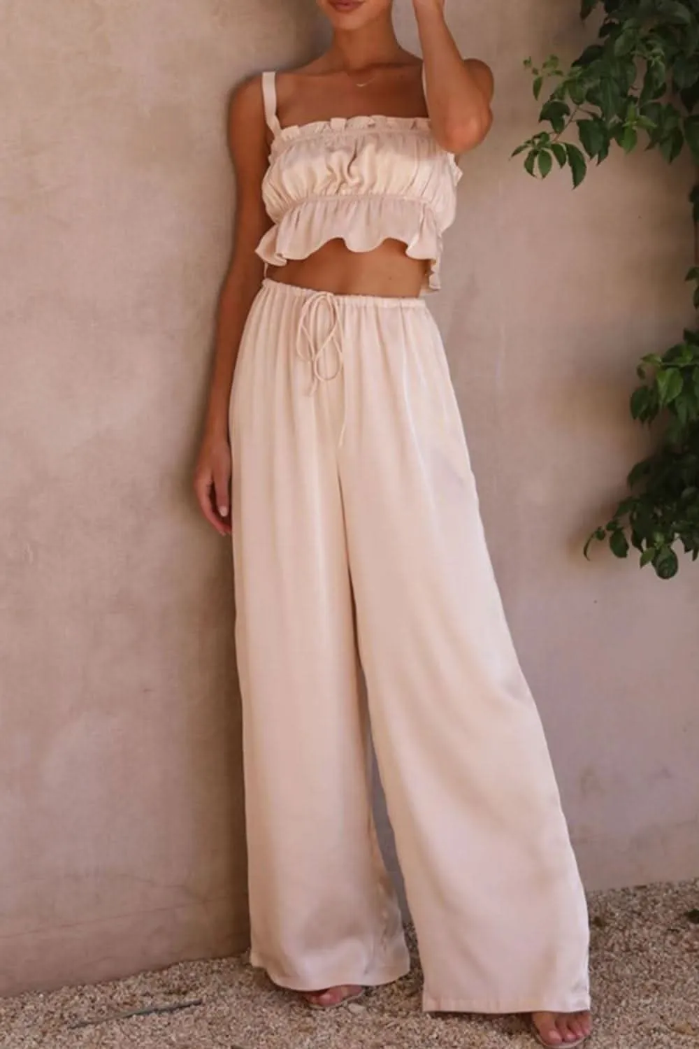 Ruffled Sleeveless Top and Wide Leg Pants Set - By Lustmia