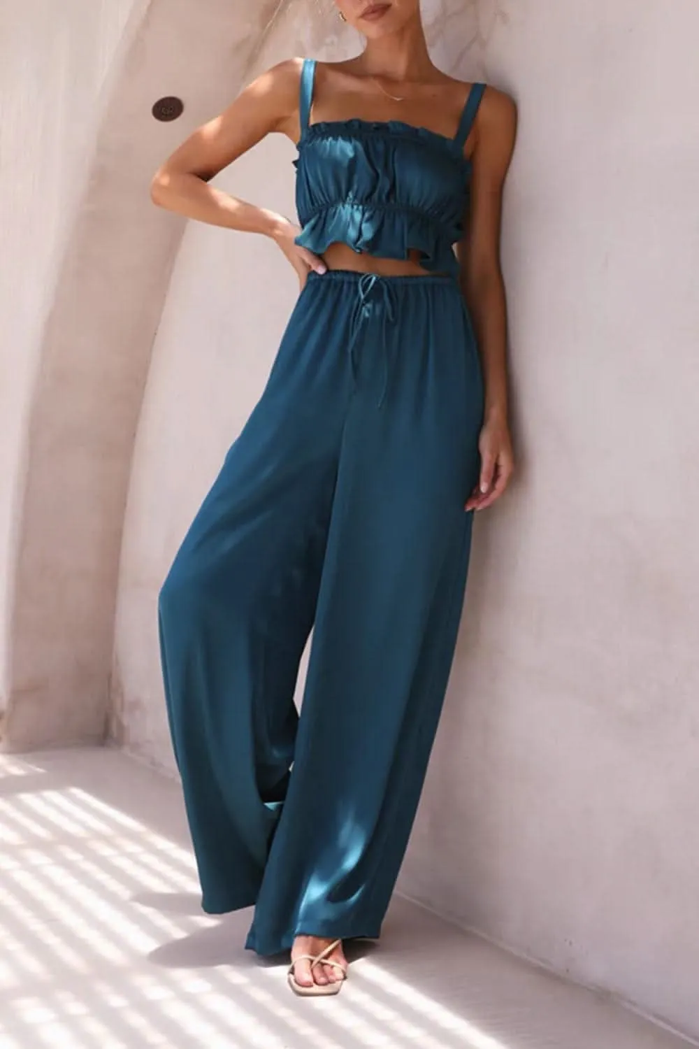 Ruffled Sleeveless Top and Wide Leg Pants Set - By Lustmia