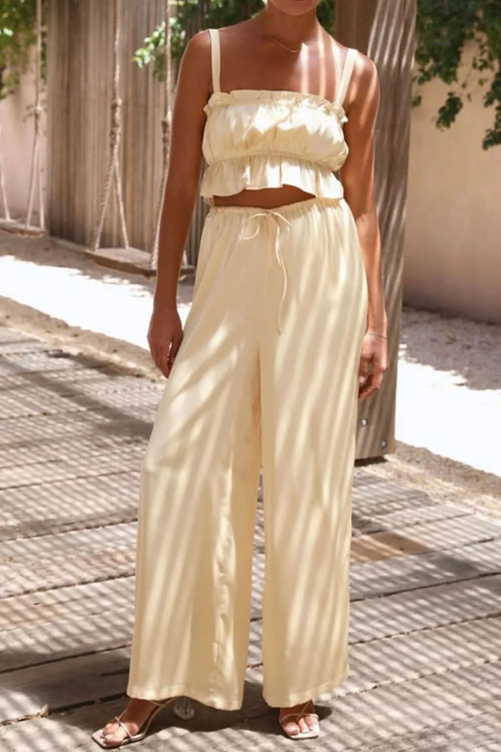 Ruffled Sleeveless Top and Wide Leg Pants Set - By Lustmia