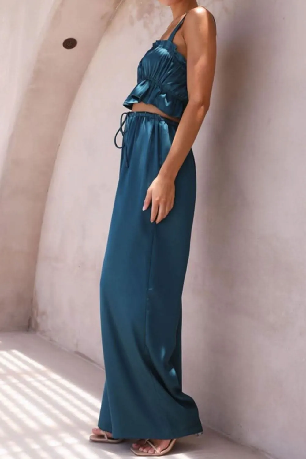 Ruffled Sleeveless Top and Wide Leg Pants Set - By Lustmia