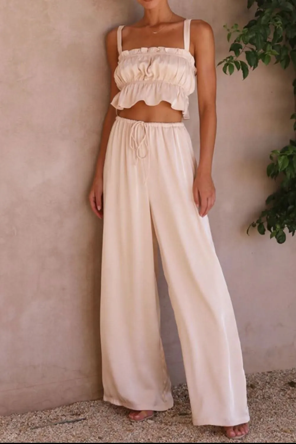 Ruffled Sleeveless Top and Wide Leg Pants Set - By Lustmia