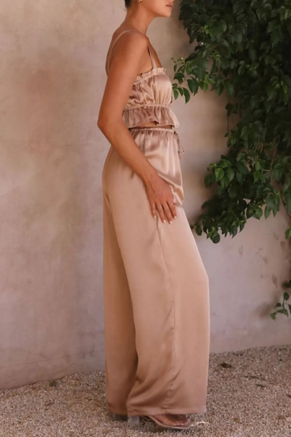 Ruffled Sleeveless Top and Wide Leg Pants Set - By Lustmia